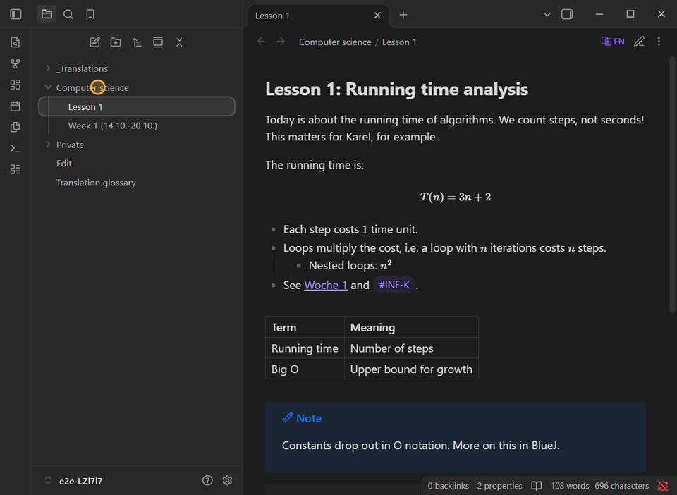 The file explorer shows the folder Informatik as Computer science and the note Lektion 1 as Lesson 1, next to the note in English.
