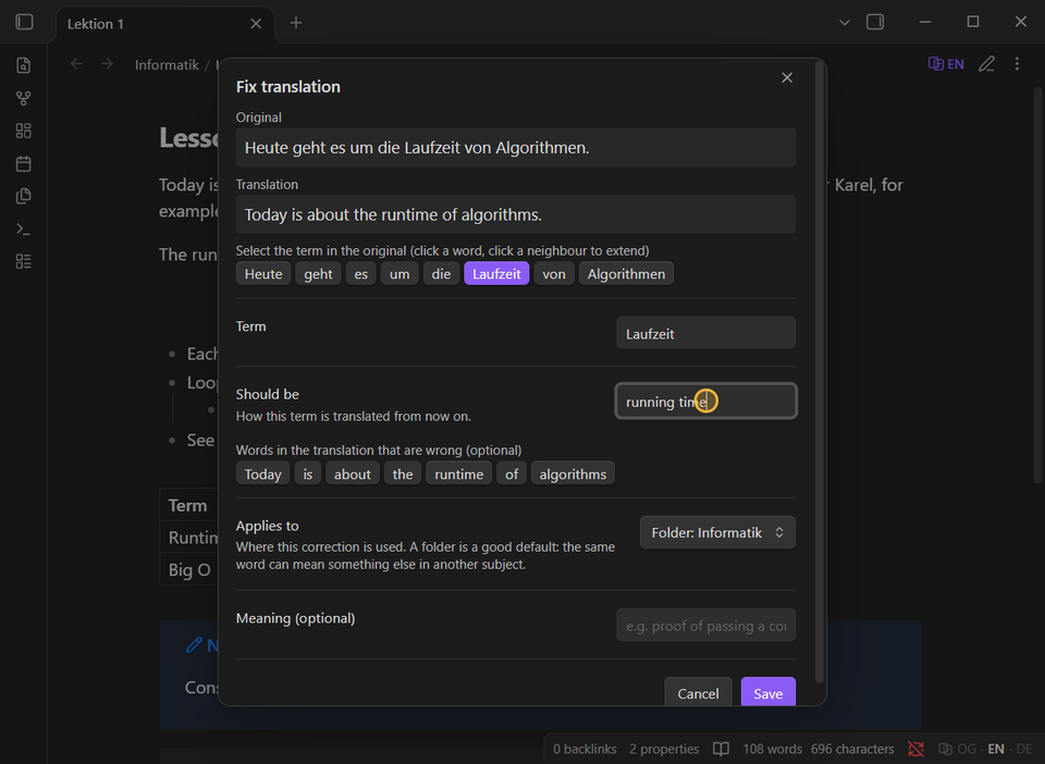 The Fix translation dialog with the original sentence, its translation, the selected term Laufzeit and the replacement running time.