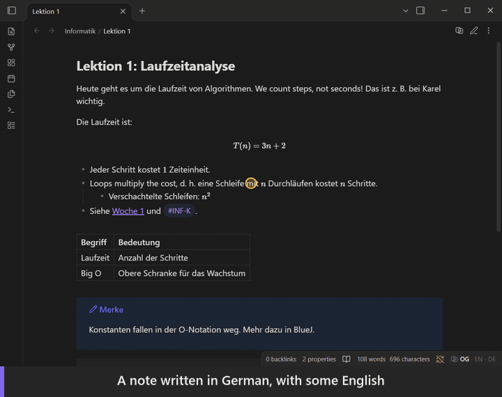 Demo in Obsidian: a German lecture note switches to English and then to German with a short decode animation. In Live Preview, clicking a translated sentence opens the original for editing. A right-click on a sentence opens Fix translation, where the term Laufzeit is set to running time and every sentence with that term updates. Finally the file explorer shows the folder Informatik as Computer science and the note Lektion 1 as Lesson 1, without renaming anything.